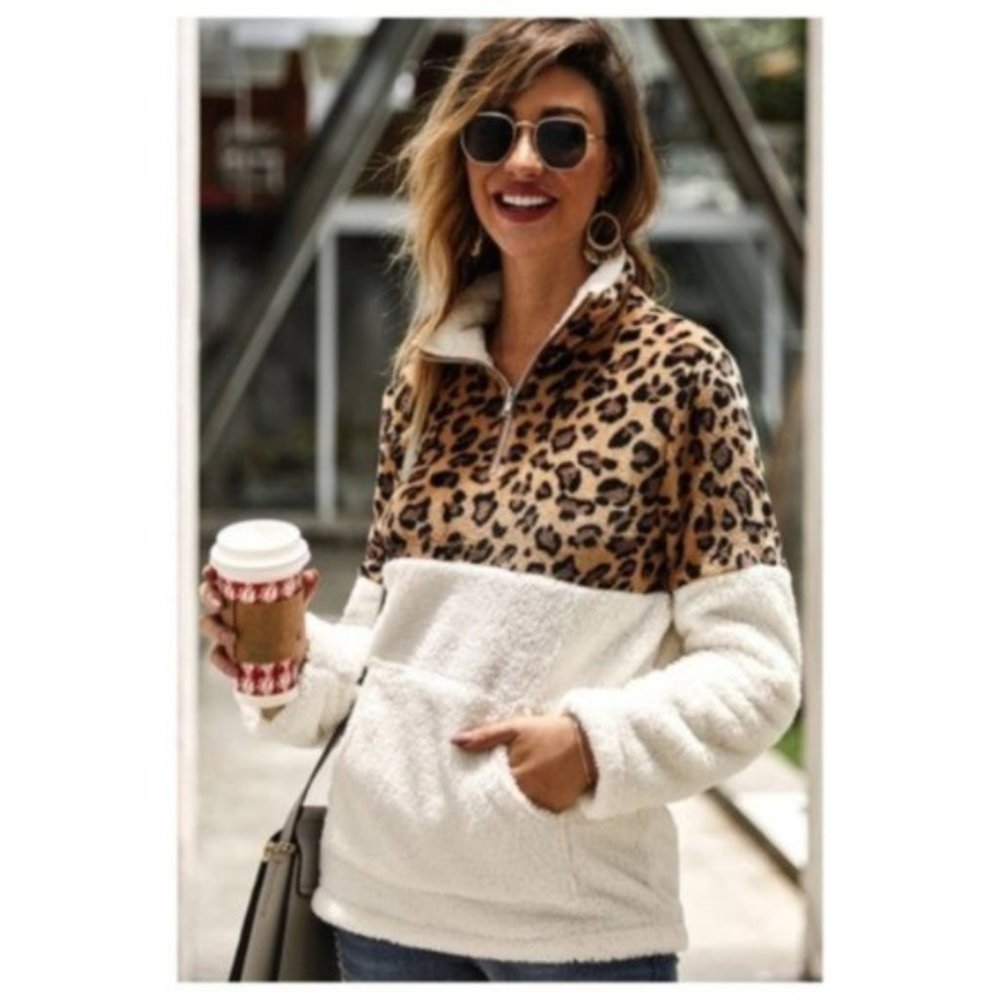 Leopard Fleece Sherpa 1/4 Zip Pullover Sweatshirt Women Size Large - Picture 3 of 6